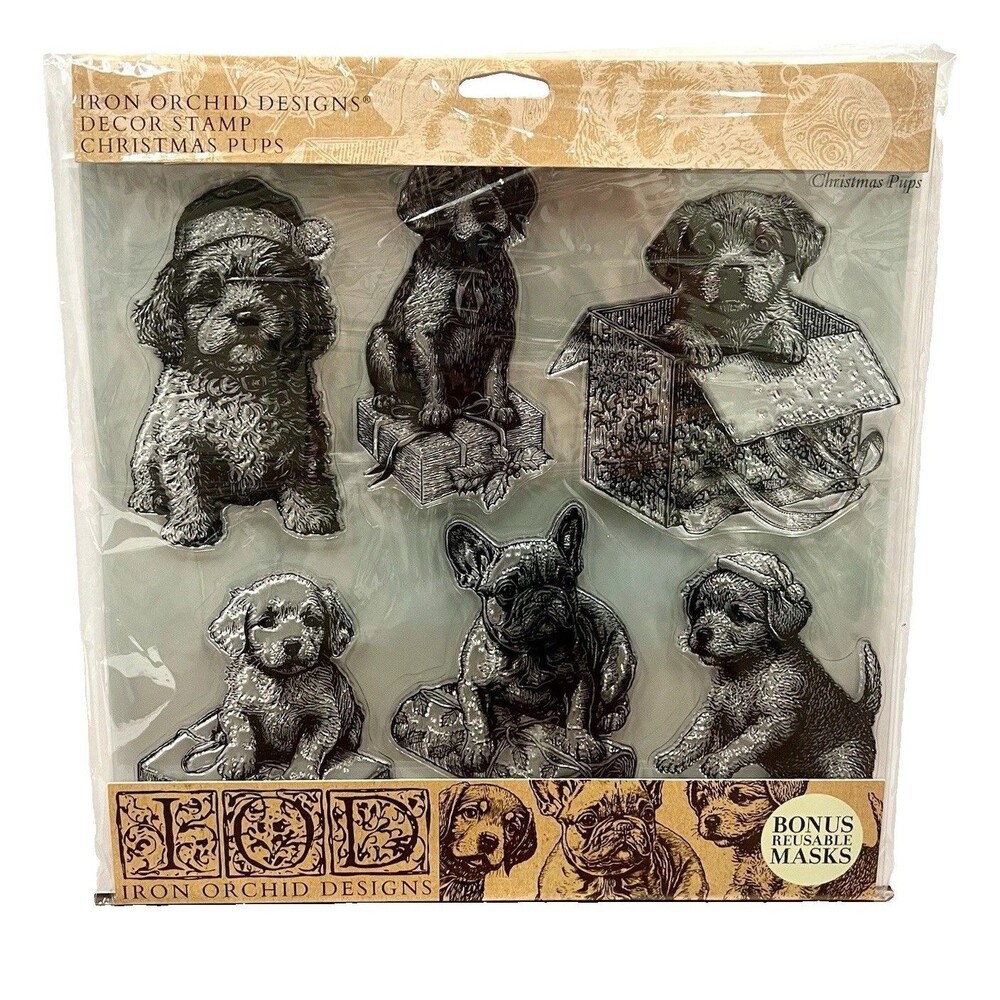 IOD Christmas Pups Decor Cling Stamp Set Iron Orchid Designs NEW-Limited Release